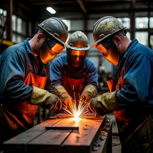 В цехе идут сварочные работы - работает несколько рабочих