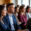 На курсах повышения квалификации - в аудитории сидит несколько взрослых людей, они внимательно слушают лектора