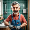 Усатый седой сантехник с инструментом в ванной